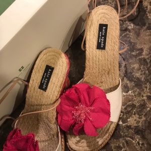 Kate Spade natural canvas, pink, orange wedges